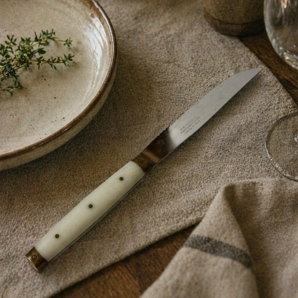 Vintage French Steak Knives Set of 4‎ Serrated Stainless Steel Cream Handles